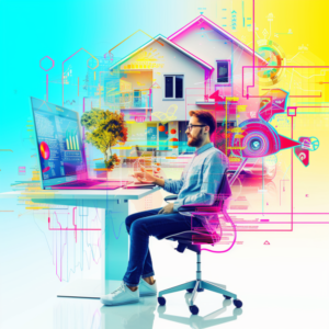 A digital composite image of a man sitting at a desk with a laptop, surrounded by colorful graphical representations of data, architecture, and technology concepts