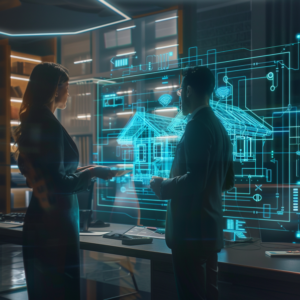 Two people collaborating on a futuristic digital display showing a smart home design.