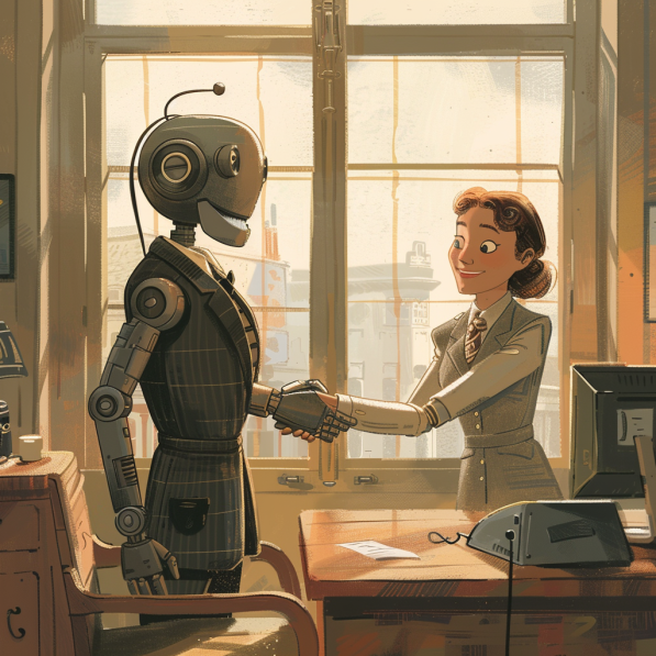 A retro-futuristic illustration of a woman in business attire shaking hands with a humanoid robot in an office setting with a large window in the background.